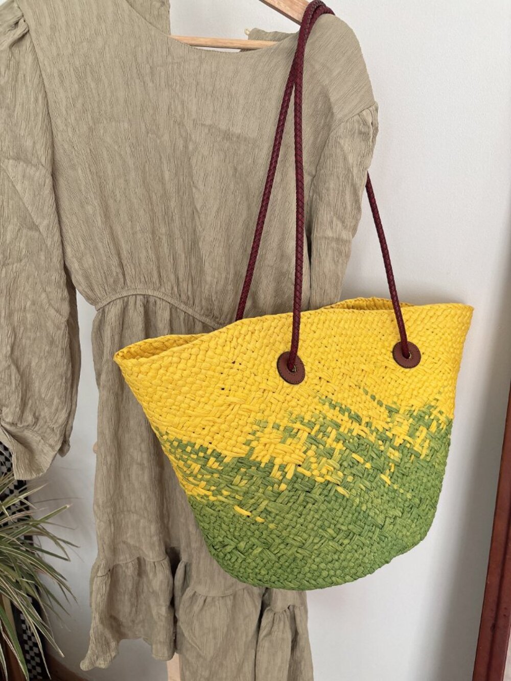 Woven Yellow & Green Straw Tote Bag with Burgundy Handles